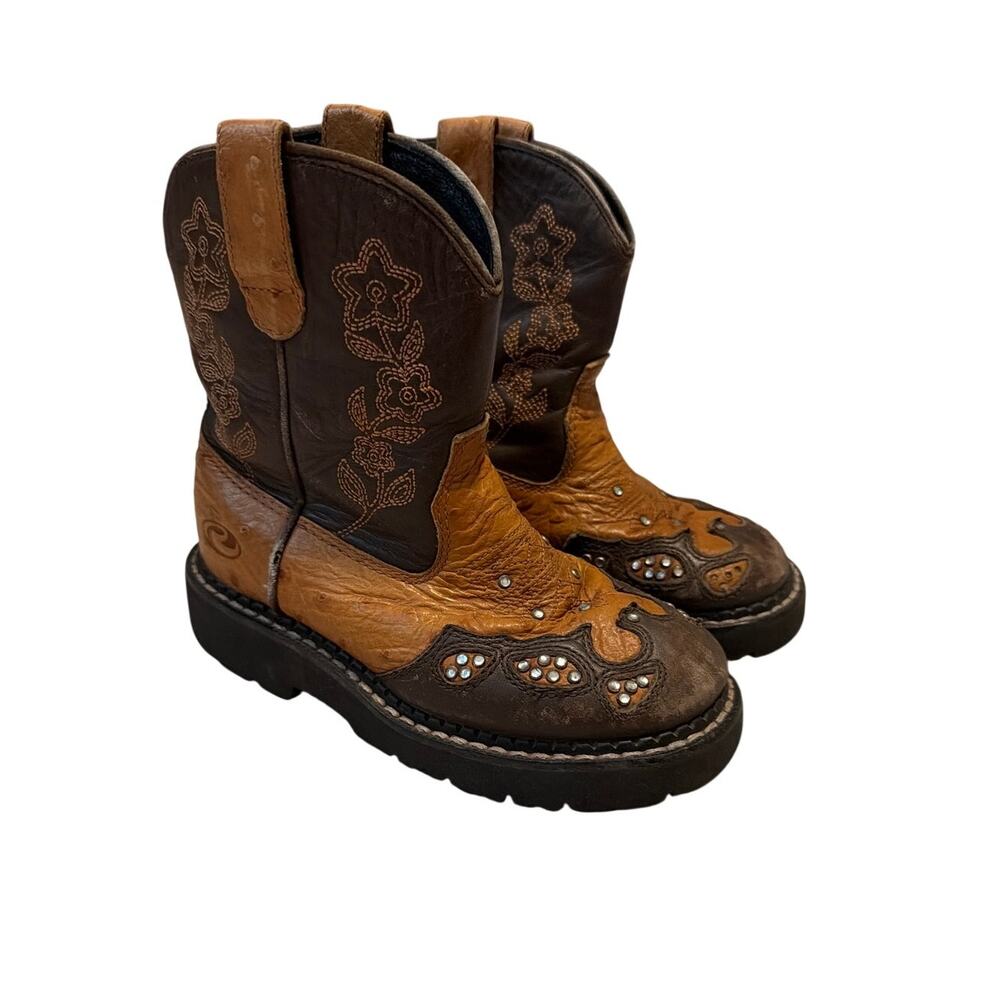 Roper Kids Western Cowboy Boots Size 11 Ostrich Print Floral Studded Brown